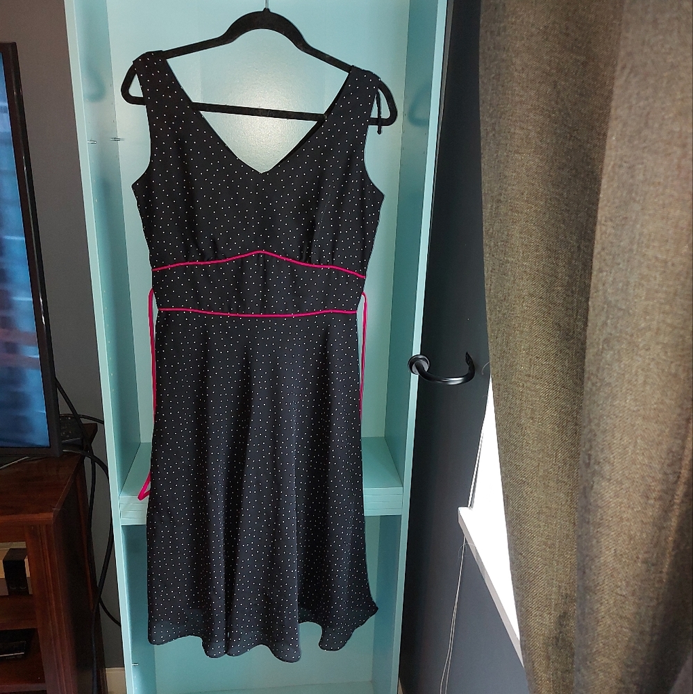 Black dress small white polka dots, pink detail, size 8 (fits large)